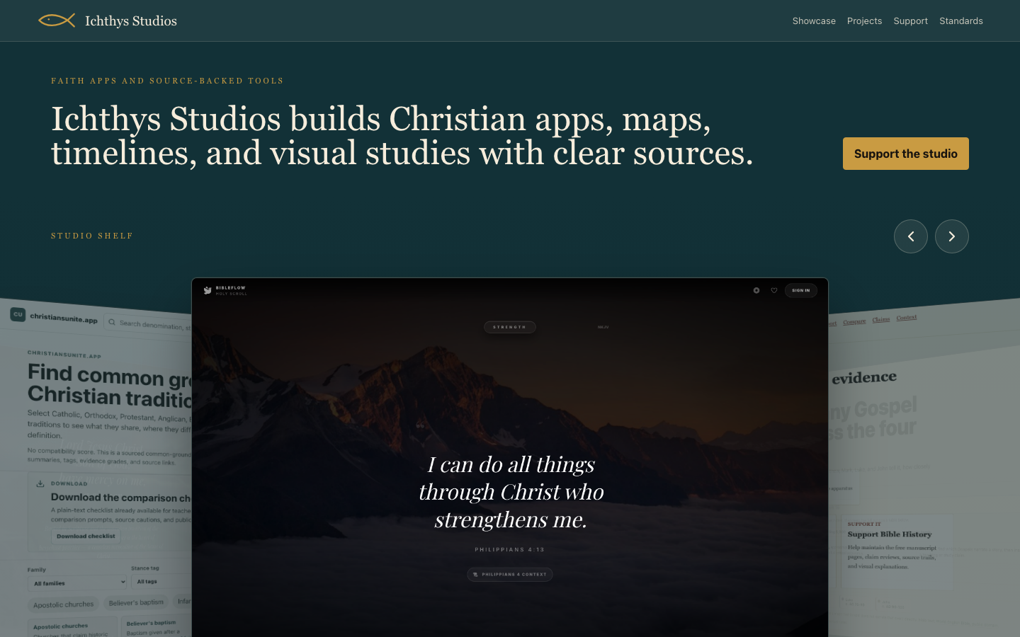 Screenshot of the Ichthys Studios homepage and faith app showcase