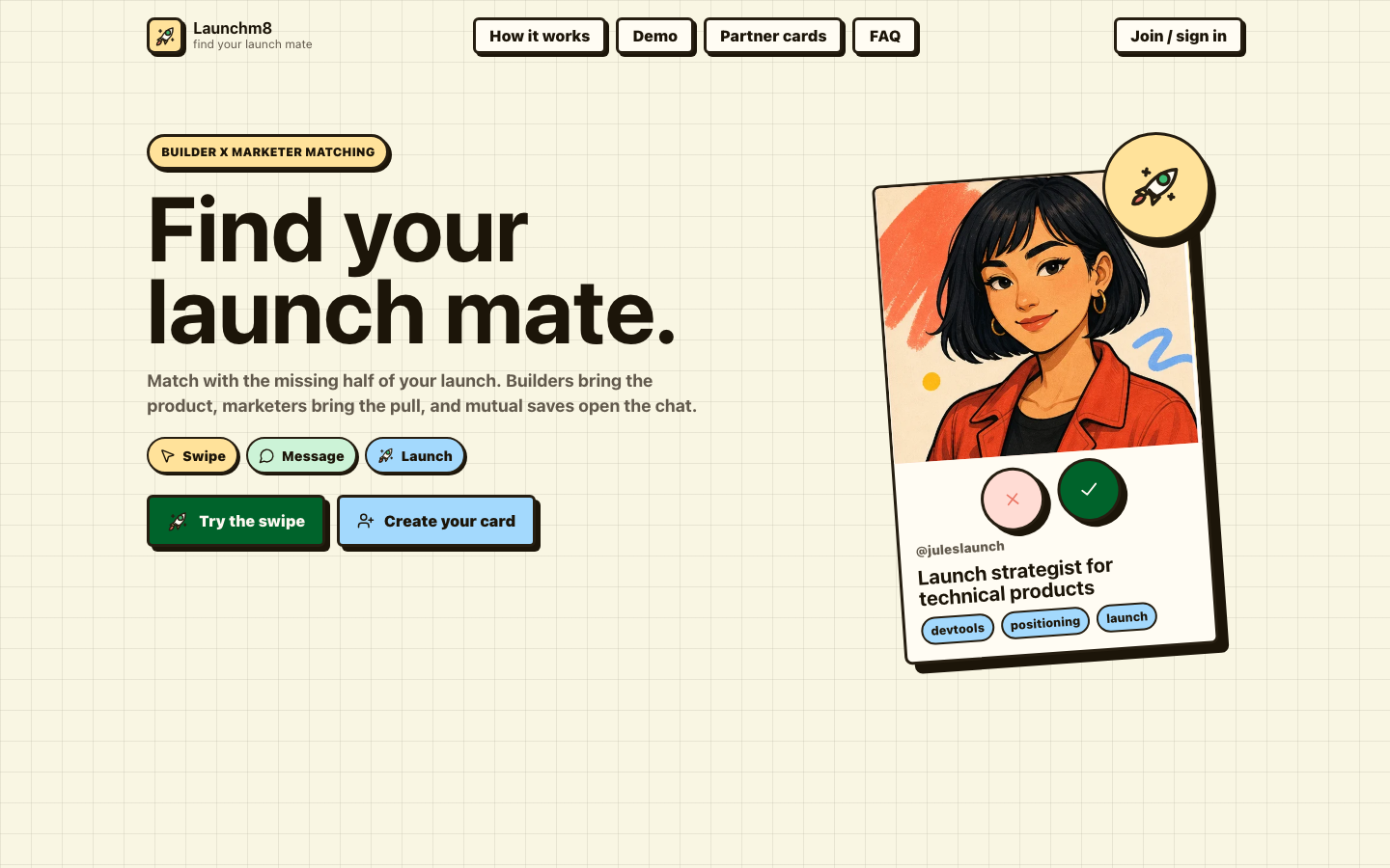 Screenshot of the Launchm8 founder matching landing page