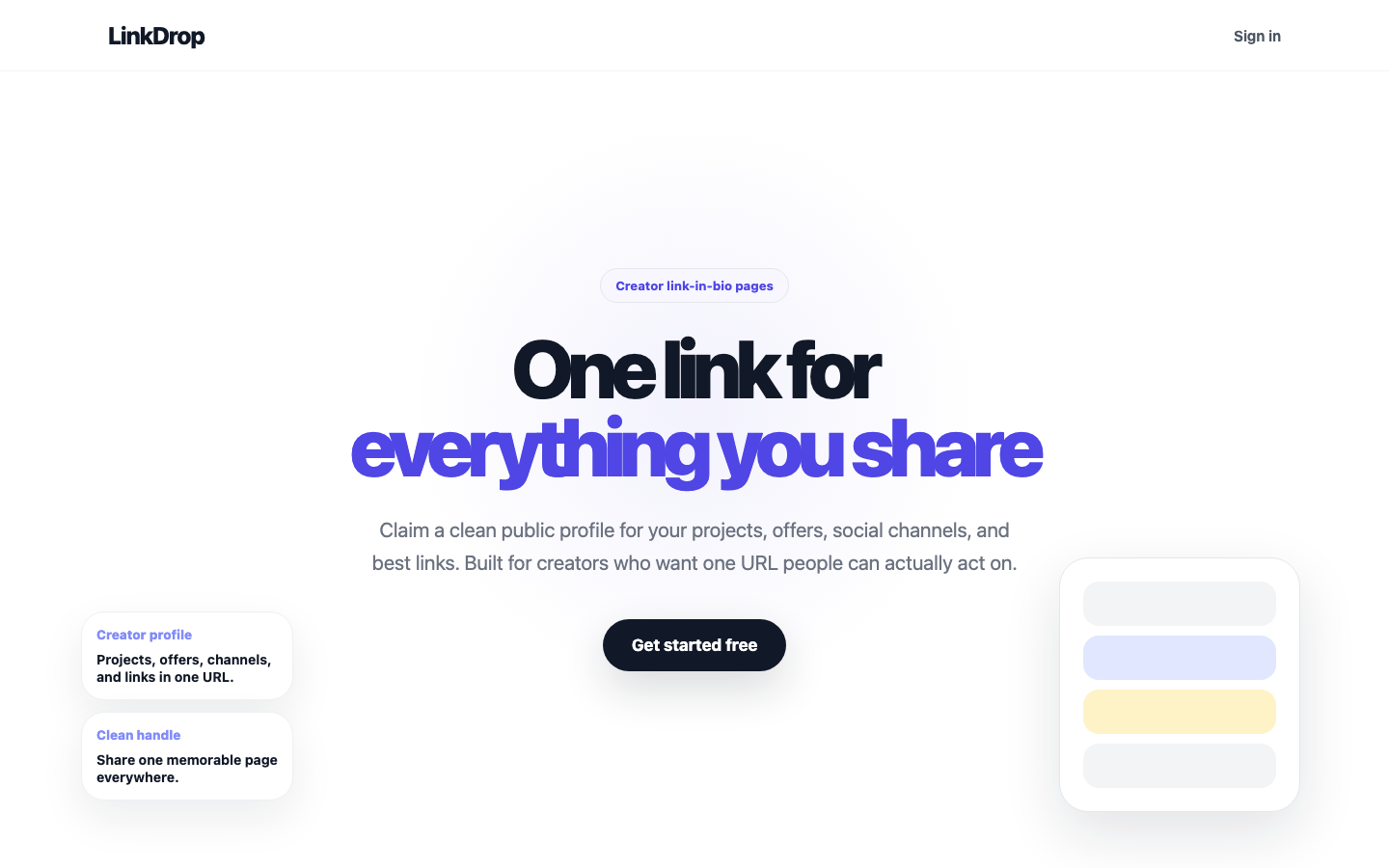 Screenshot of the LinkDrop creator profile landing page