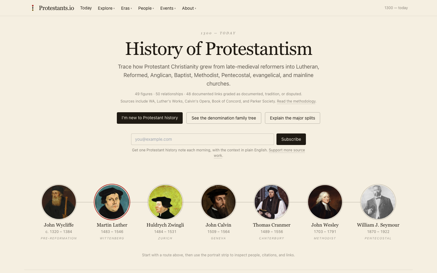 Screenshot of the Protestants.io Reformation history site