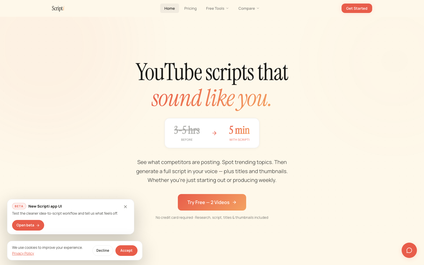 Screenshot of the Scripti YouTube script platform landing page