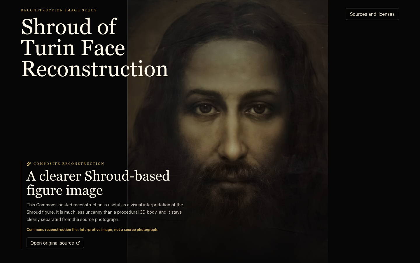 Screenshot of the Shroud Reconstruction visual study site