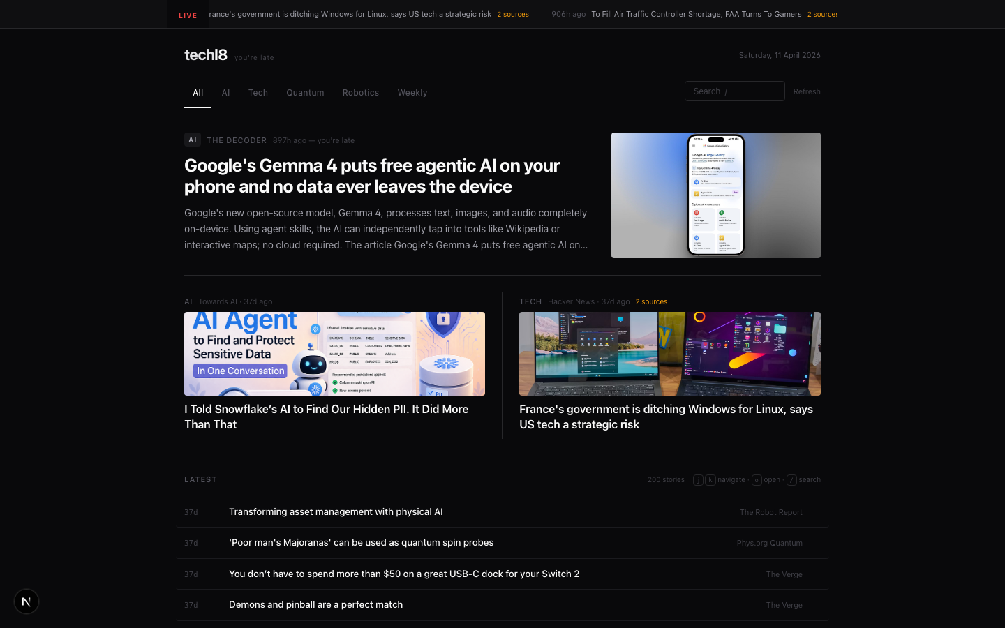 Screenshot of the techl8 technology news aggregator